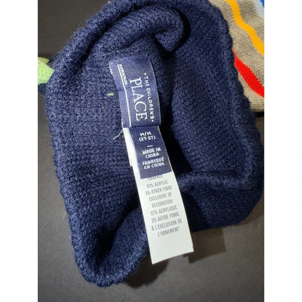 2 The Childrens Place Toddler Boys Knit Beanie Hat Dinosaur Mixed Striped 2T-3T